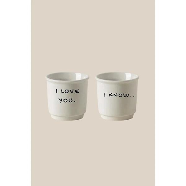 Beige & Stone 2’li Mottolu (i Love You X I Know) Türk Kahvesi & Espresso Seramik Bardak Seti
