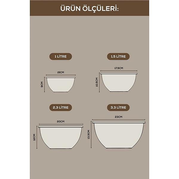 Vienev 8'li Yuvarlak Kase Seti Bej | 1l, 1.5l, 2.3l, 3.3l | Kapaklı Çok Amaçlı Mutfak Saklama Kabı