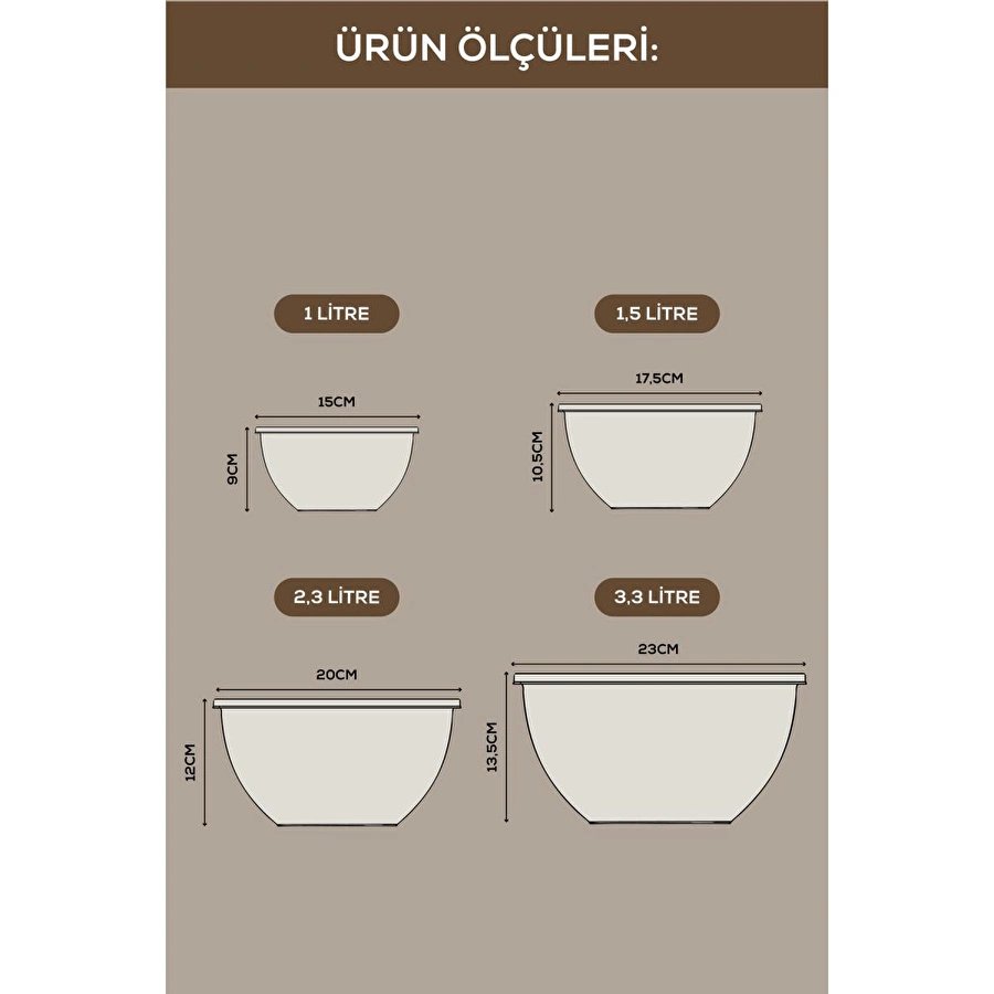 Vienev 8'li Yuvarlak Kase Seti Bej | 1l, 1.5l, 2.3l, 3.3l | Kapaklı Çok Amaçlı Mutfak Saklama Kabı
