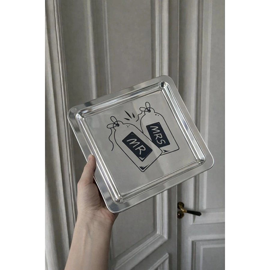 Beige & Stone Mr. & Mrs. Desenli Kare Paslanmaz Çelik Kahve Çay Söz Nişan Sunum Ve Dekoratif Tepsi