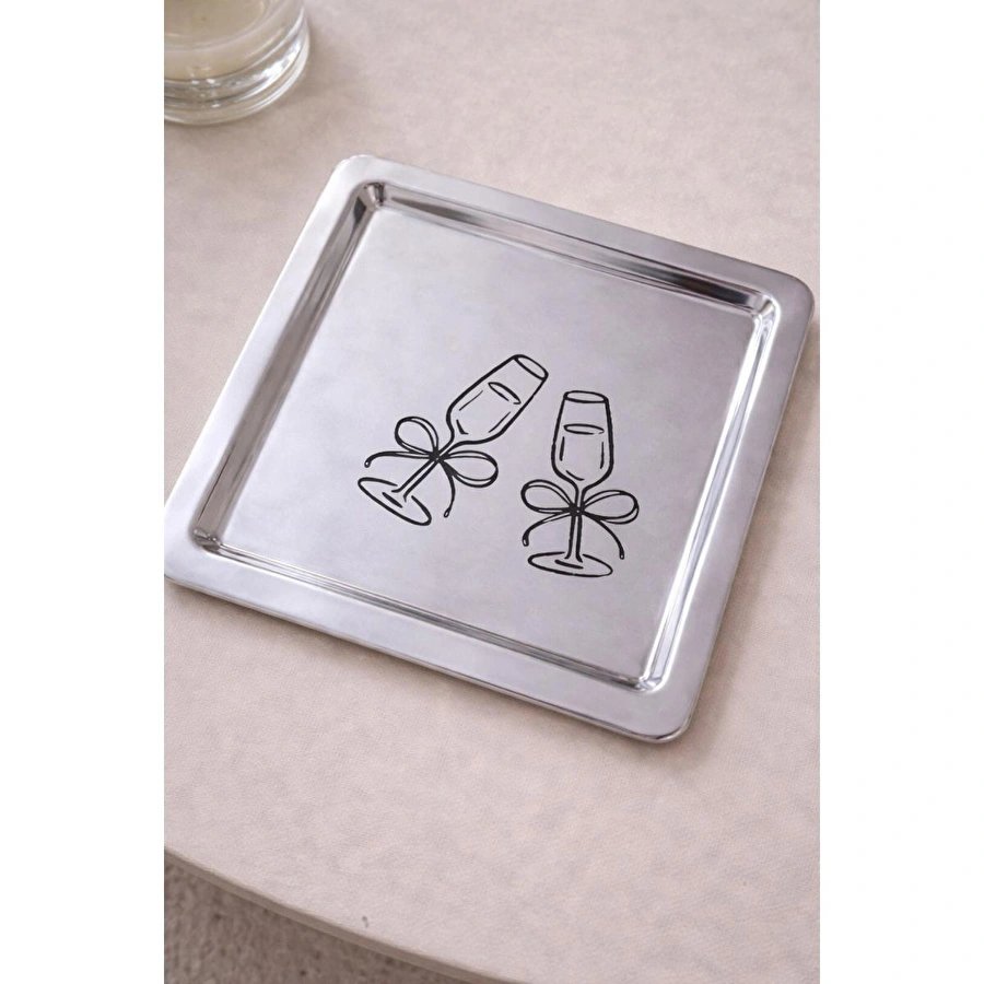 Beige & Stone Kadeh Desenli Kare Paslanmaz Çelik Çelik Çay Söz Nişan Sunum Ve Dekoratif Tepsi