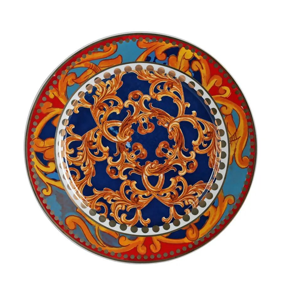 Lucky Art Clarissa Bone China Porselen Mavi Kırmızı Barok Desenli 4 Lü Yemek Tabağı Seti 27 Cm